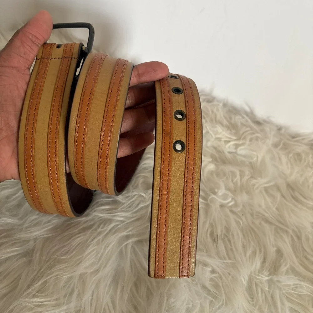 Linea‎ Pelle 230800 Tan Brown Striped Leather Belt Size 34 Antique Brass Buckle